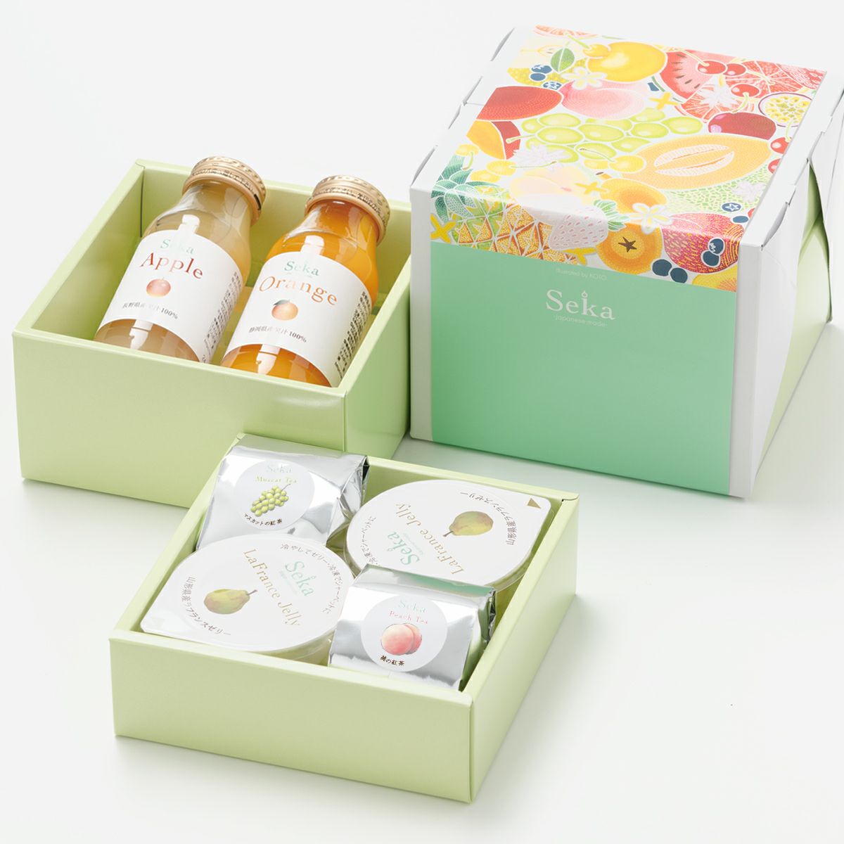 山形ラフランスゼリーとフルーツティー＆国産100％ジュースのミニお重セット