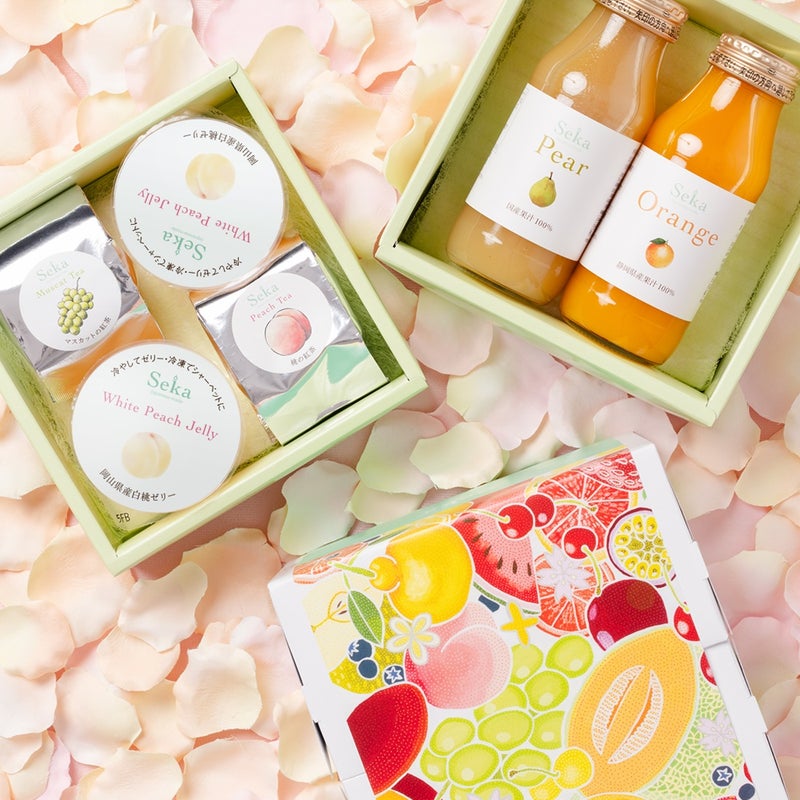 岡山白桃ゼリーとフルーツティー＆国産100％ジュースのミニお重セット