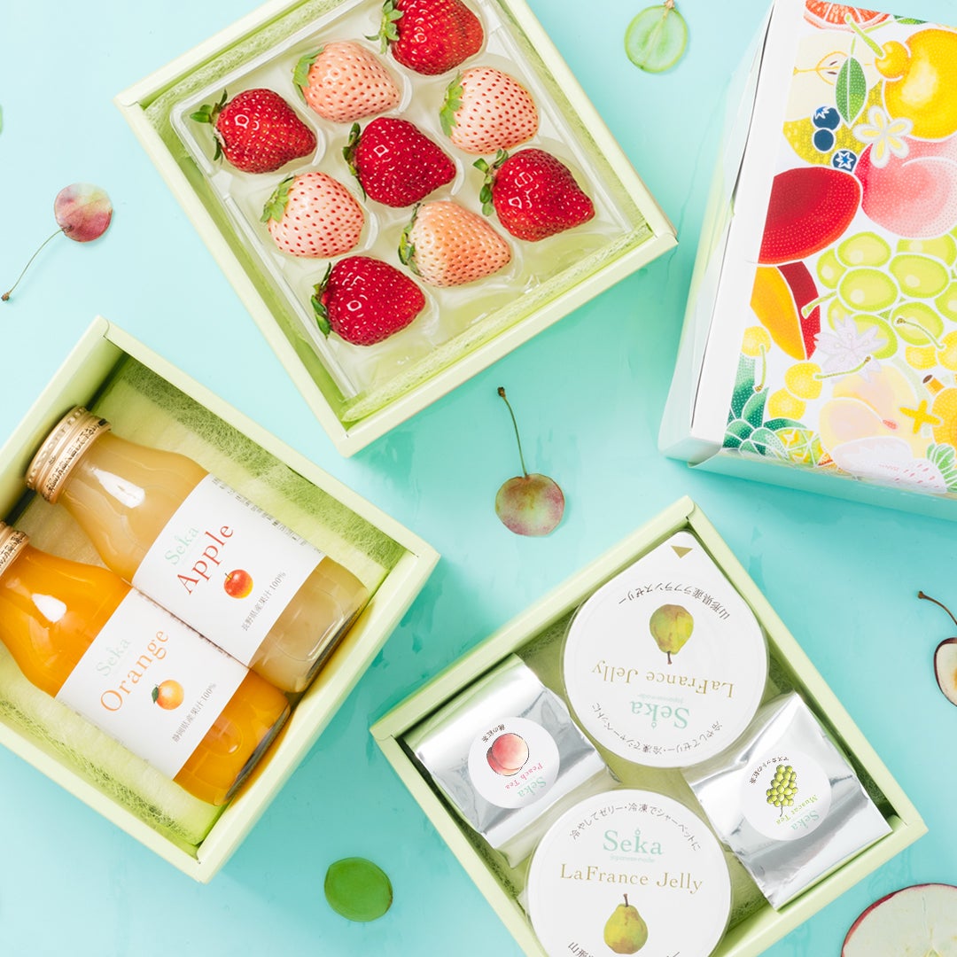 旬の国産プレミアムフルーツ＆山形ラフランスゼリーとフルーツティー&旬の国産フルーツの3段お重セット