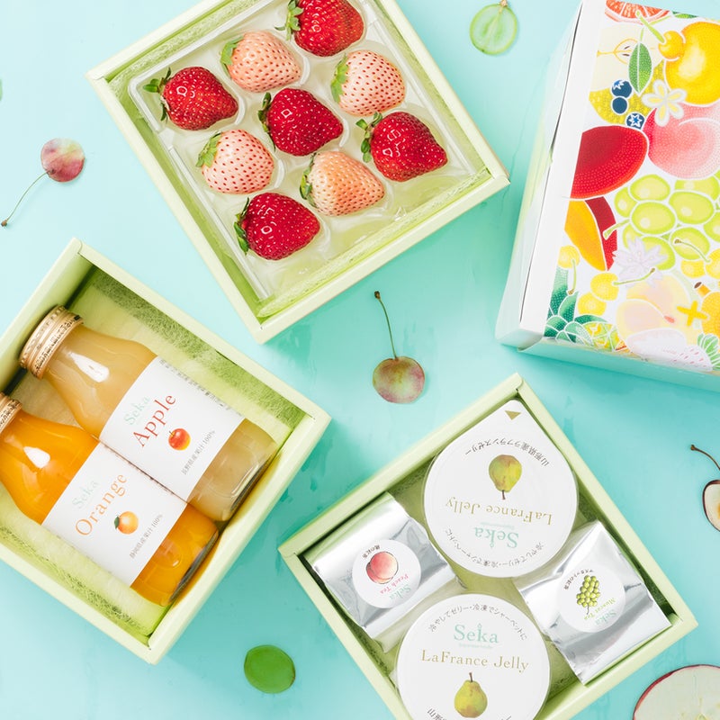 旬の国産プレミアムフルーツ＆山形ラフランスゼリーとフルーツティー&旬の国産フルーツの3段お重セット