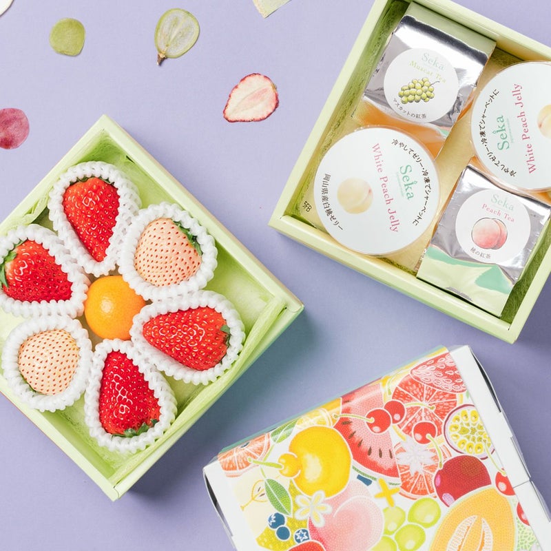 旬の国産フルーツ＆岡山白桃ゼリー4個とフルーツティーのミニお重セット