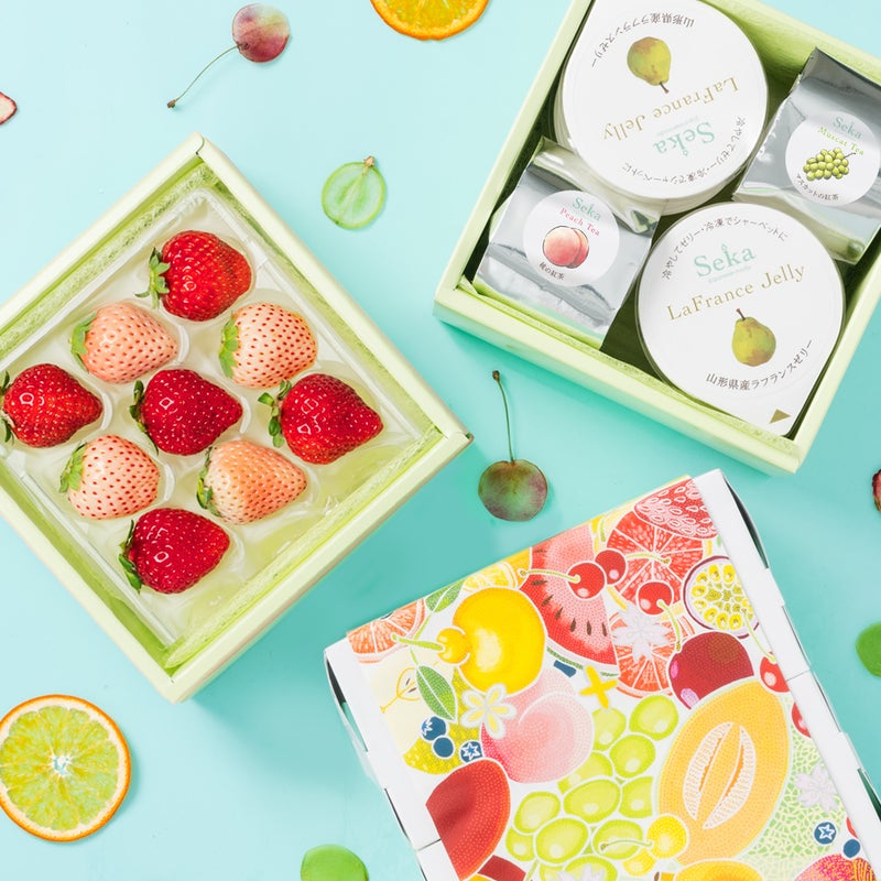 旬の国産紅白いちごの食べ比べ&山形ラフランスゼリー4個とフルーツティー2種のミニお重セット